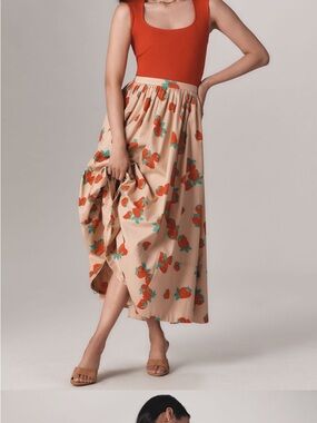 Anthropologie (Maeve) Jacie Poplin Beige Maxi Skirt with Strawberry Print